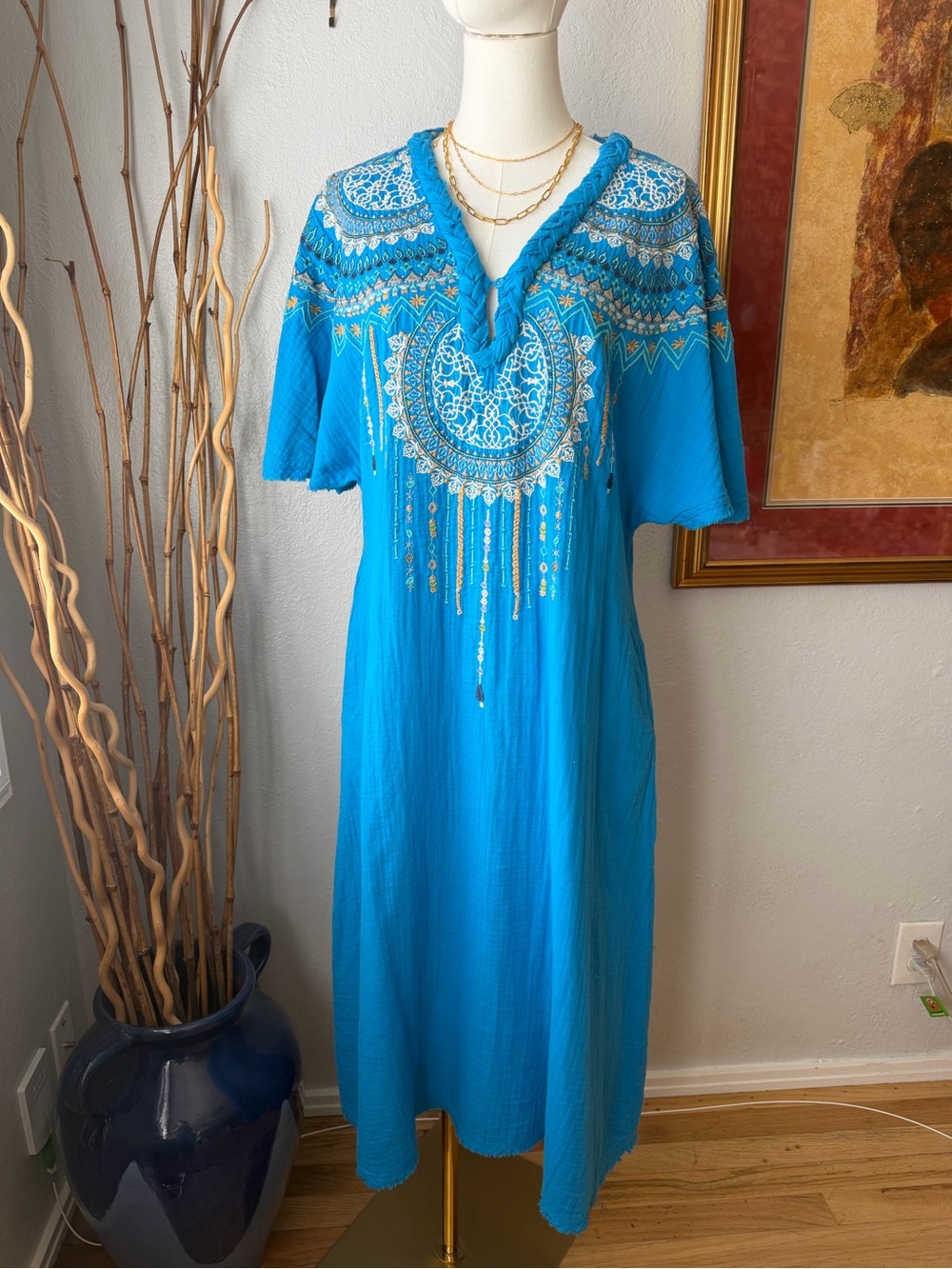Johnny Was KastoriaTurquoise Blue Embroidered V-Neck Maxi Dress Small